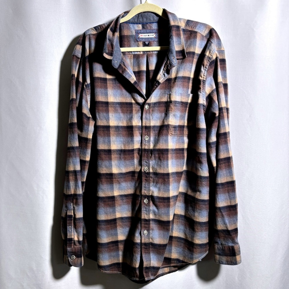 32 Bar Blues Mens XXL Flannel Shirt Blue Brown Plaid Button Down 100% Cotton